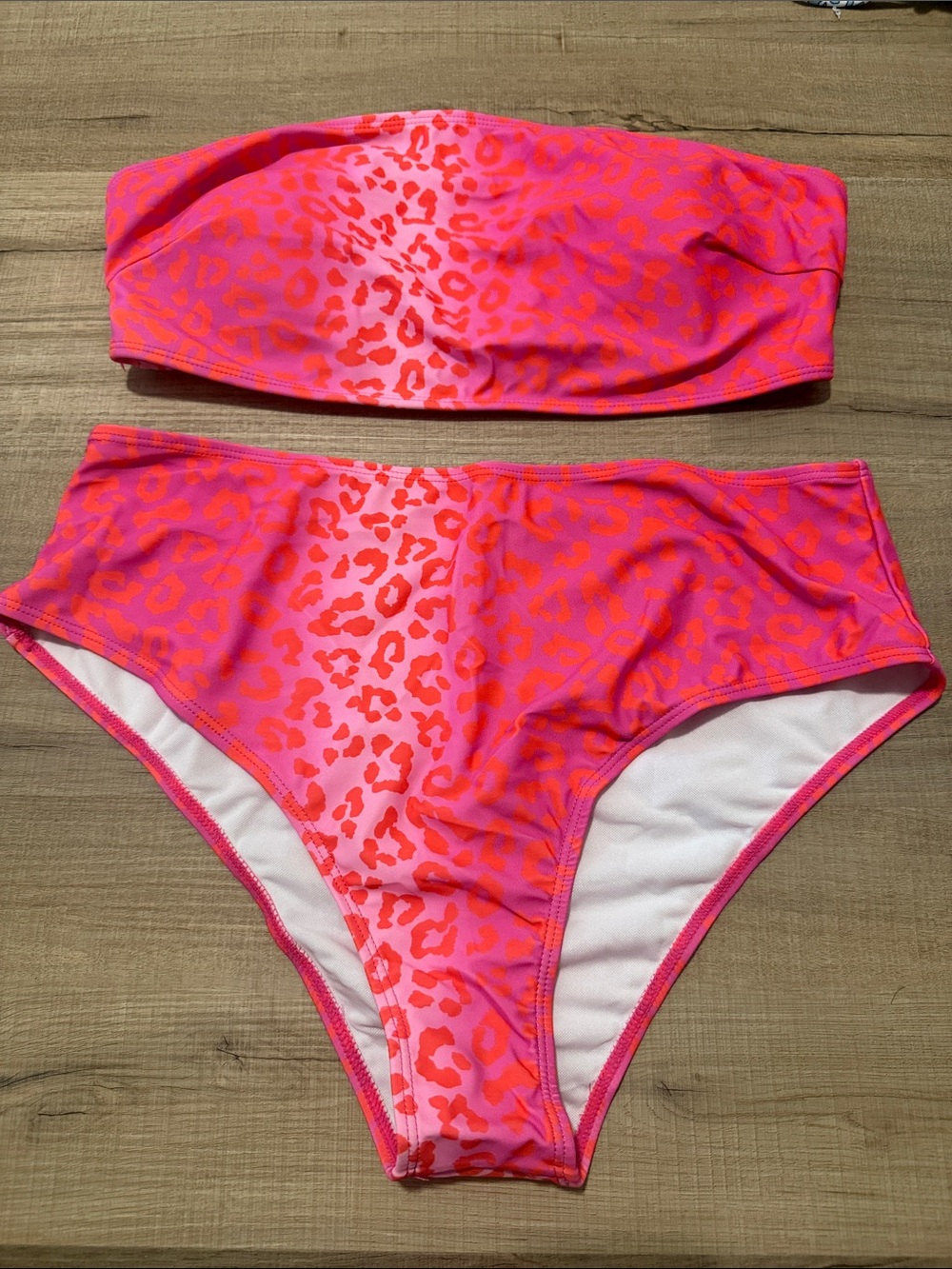 NEW SHEIN Neon Pink and Red Leopard Print Strapless Bikini